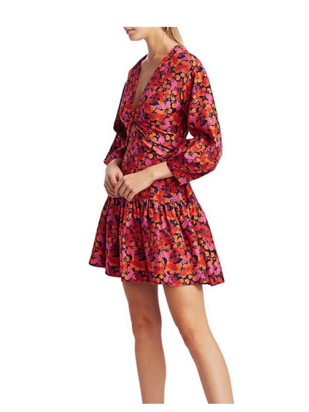 10 Crosby Derek Lam Red and Pink Floral V-Neck Mini Dress